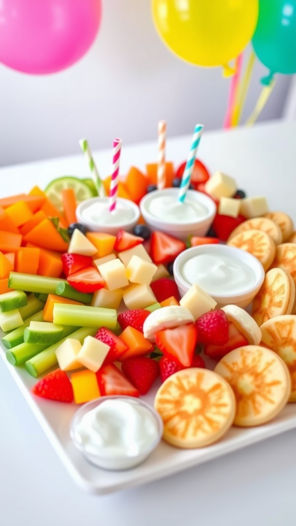 A festive platter of toddler-friendly appetizers including veggie sticks, cheese cubes, fruit skewers, and mini pancakes for a 1-year-old